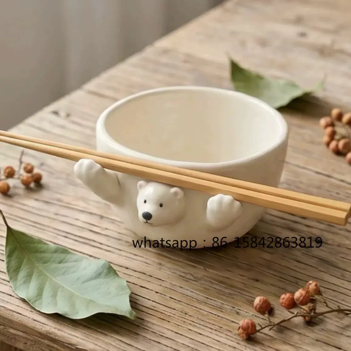 Polar Bear Holding Chopstick Bowl, Cute Cartoon Ceramic Tableware Set, Meal Bowl