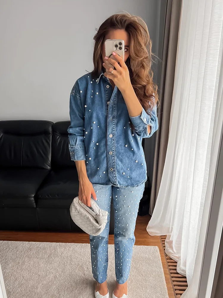 HH TRAF Autumn Women\'s Denim Casual Shirt Fashion Faux Pearl Loose Blouses Button Down Long Sleeve Jean Jacket Versatile Top