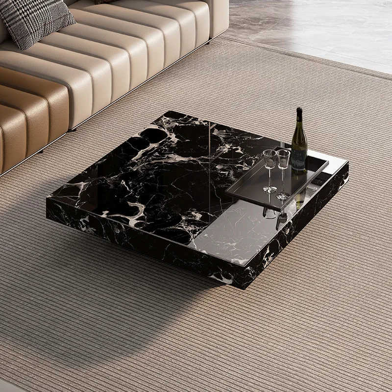 

Black rose marble coffee table Italian minimalist light luxury high-end living room square suspended luxury stone coffee table