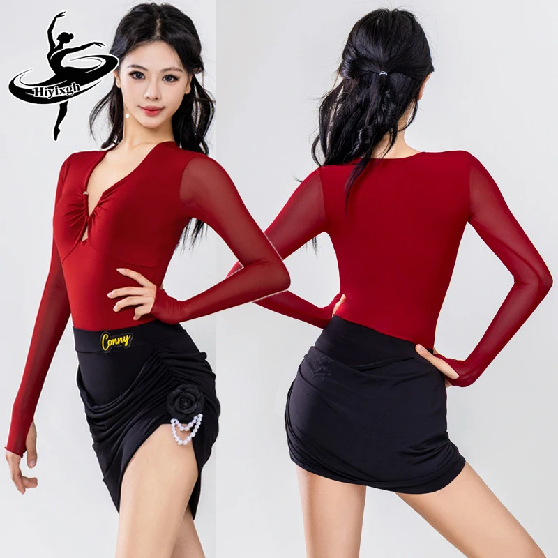 

Одежда для латиноамериканских танцев для взрослых, женские топы с длинными рукавами, танцевальные юбки, одежда для занятий танцами ча-ча, румба, танго, одежда для выступлений