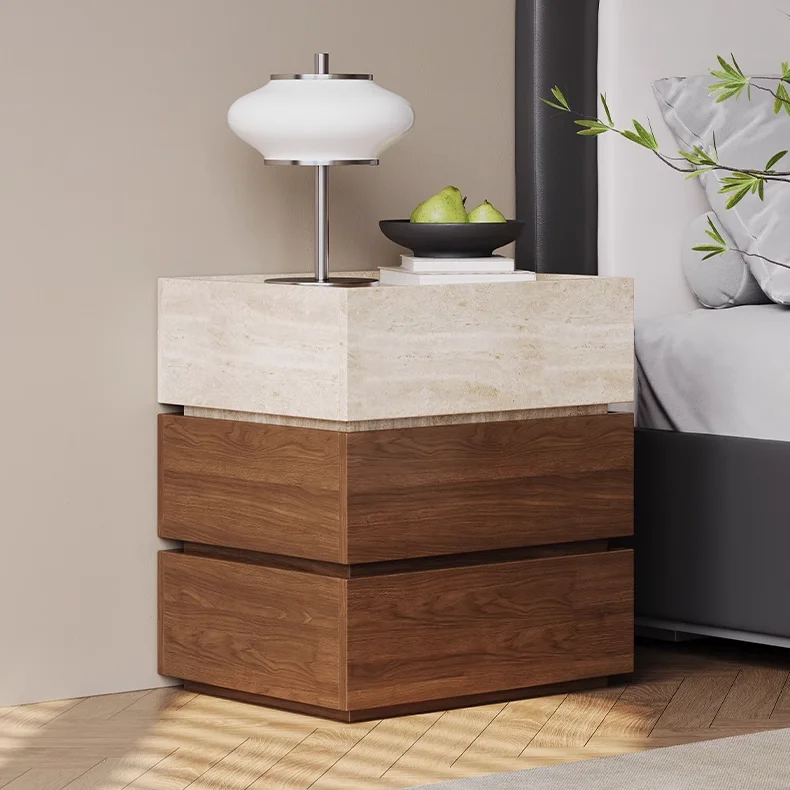 Bedside Table Modern Luxury Simple Modern Bedside Table with Cave Stone Walnut Textured Bedside Table Bedroom Home