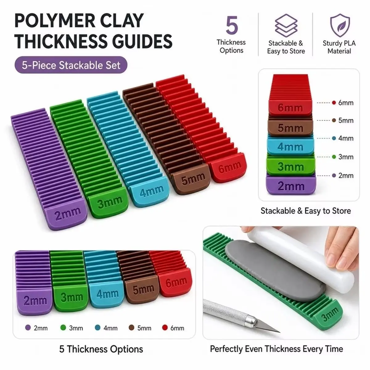 Polymer Clay Thickness Guide , 5 Color-Coded Thickness Cutting Tools (2mm, 3mm, 4mm, 5mm, 6mm),3D Printed