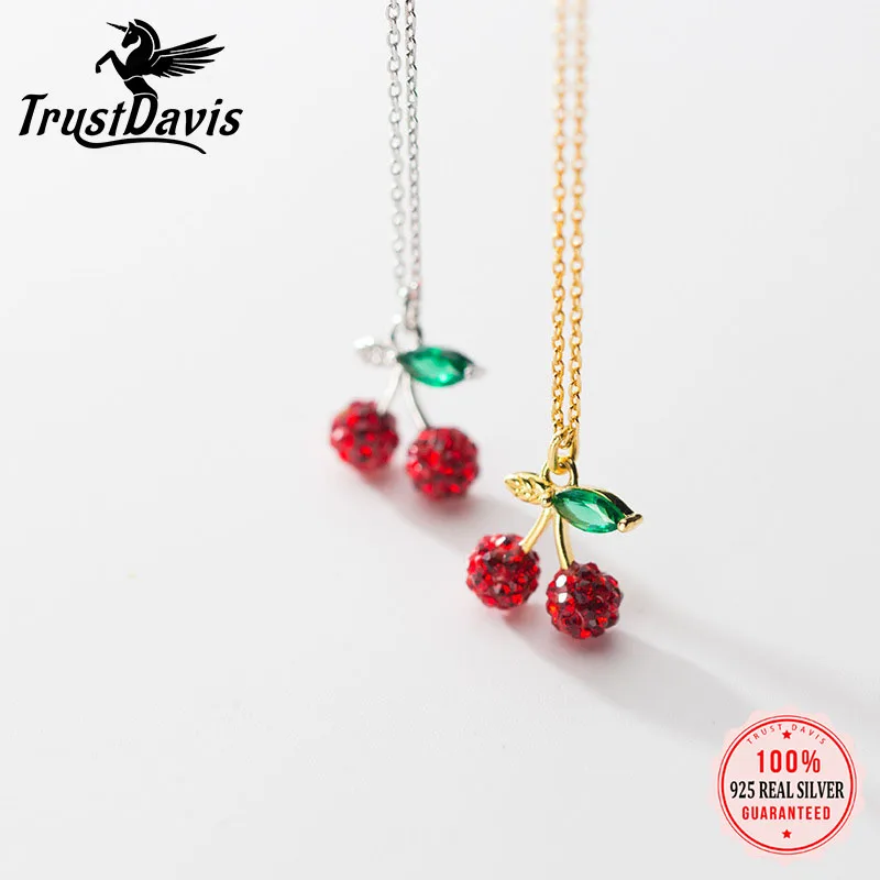 TrustDavis Real 925 Sterling Silver Fashion Sweet Fruit Cherry Pendant Short Necklace For Women Wedding Party Fine Jewelry DB975