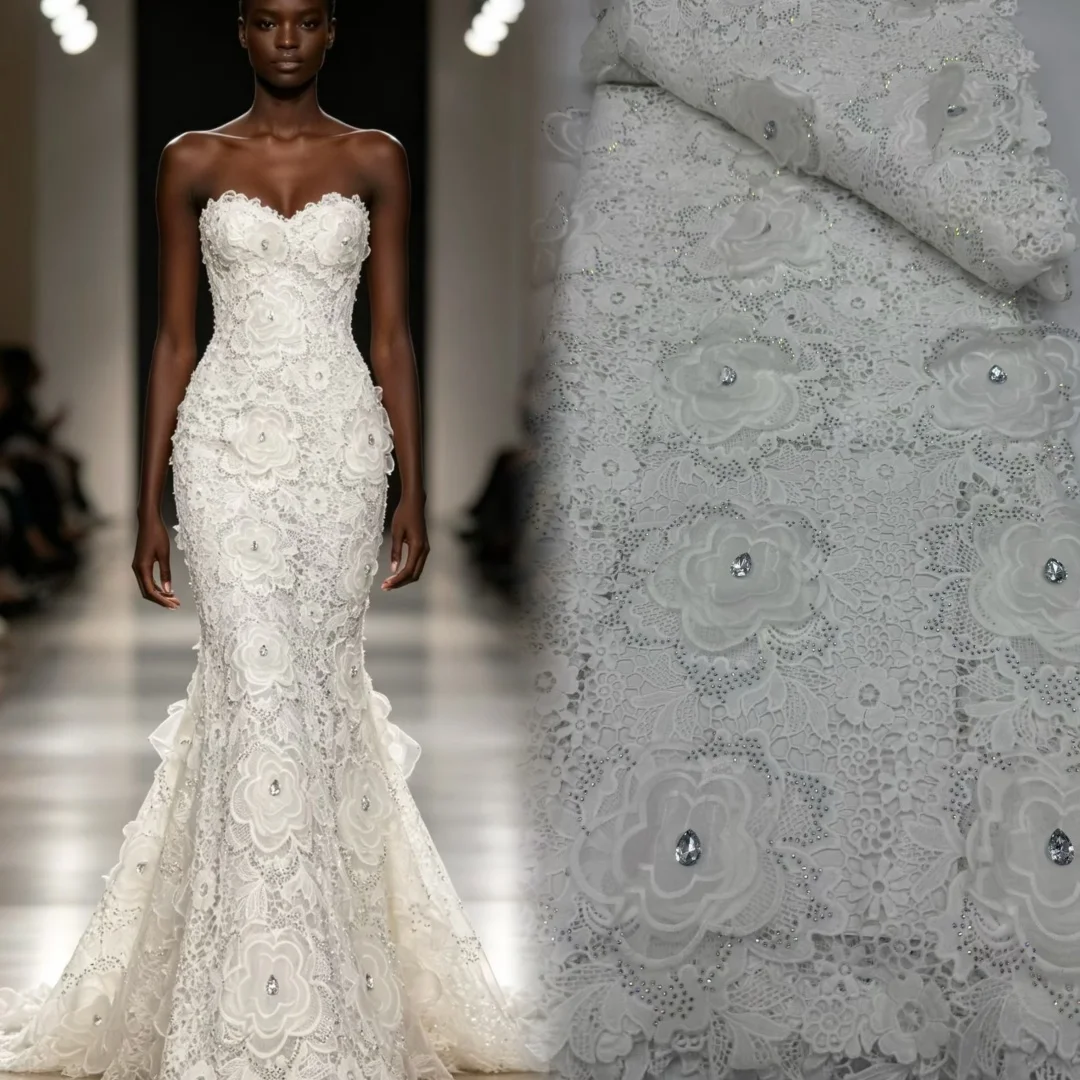 African Guipure Cord Lace Fabric Water Soluble High Quality Elegant Lace for Women's Wedding Party Dresses Sewing AT2829