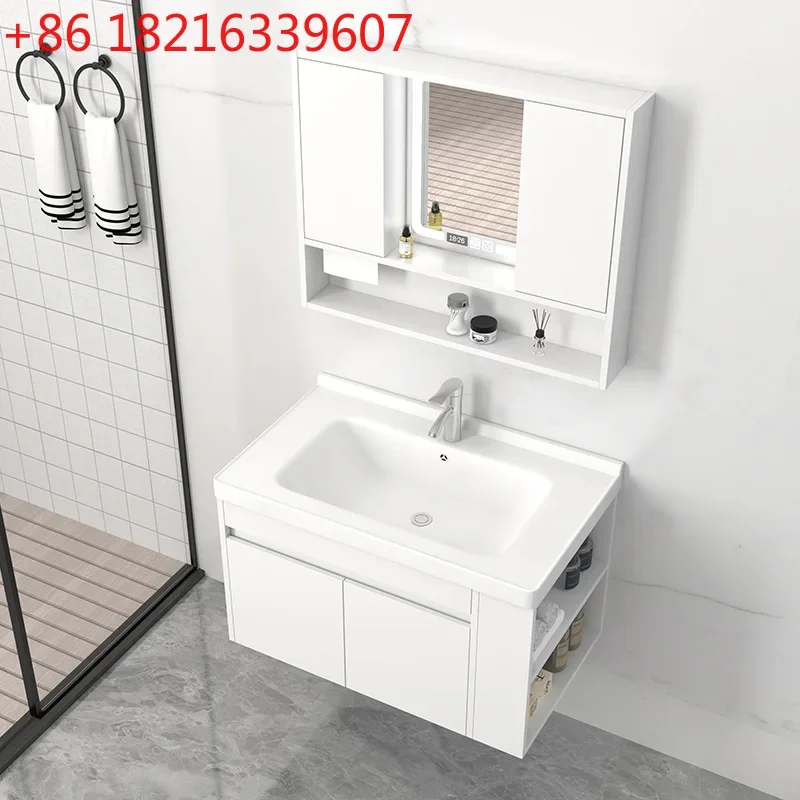 simple ceramic integrated basin cabinet combination wall-mounted solid wood washing table hand washing face mirror cabinet