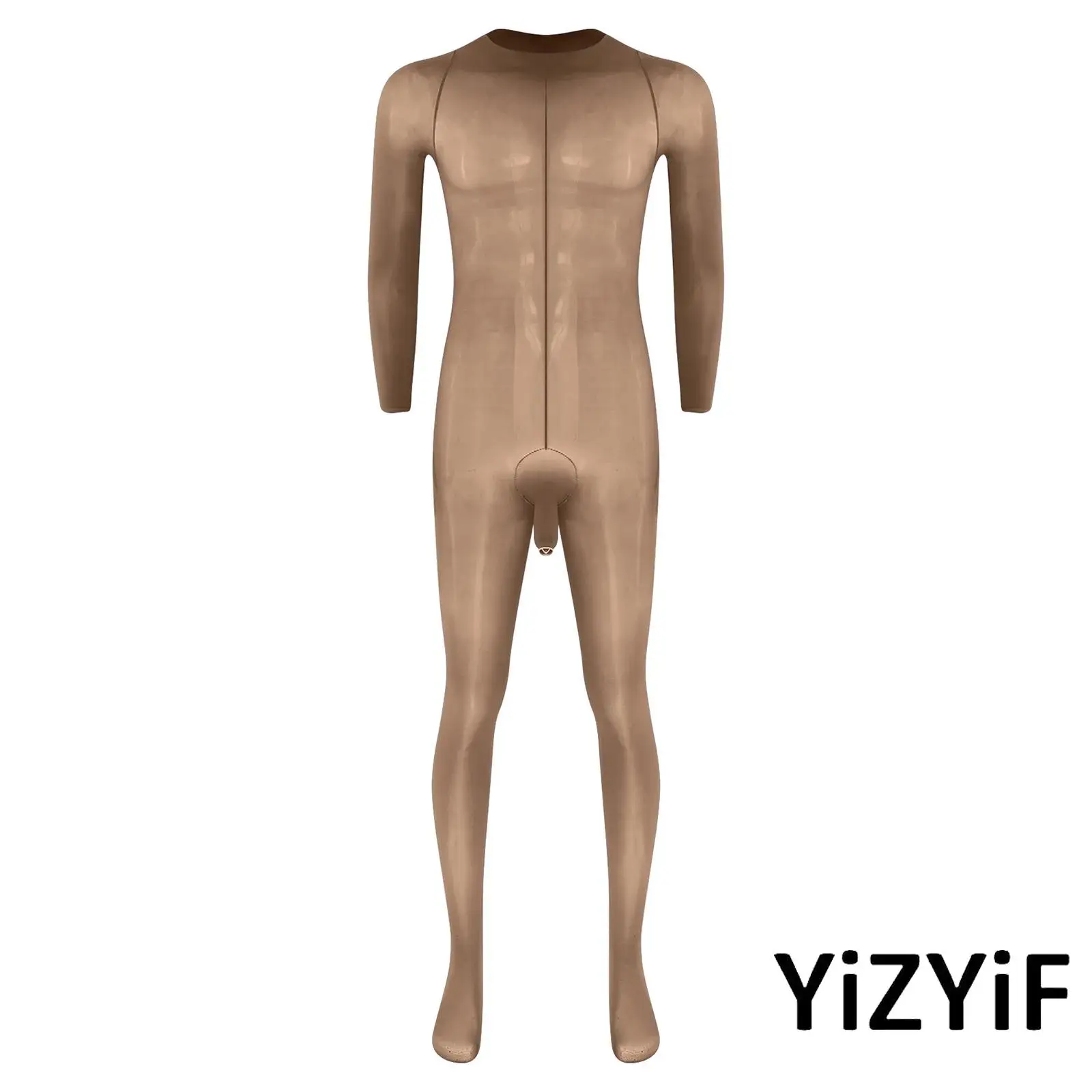 

Sexy Mens Glossy Full-body Bodysuit Crew Neck Long Sleeve Opening Sheath Footed Bodystockings Jumpsuit High Stretchy Nightwear