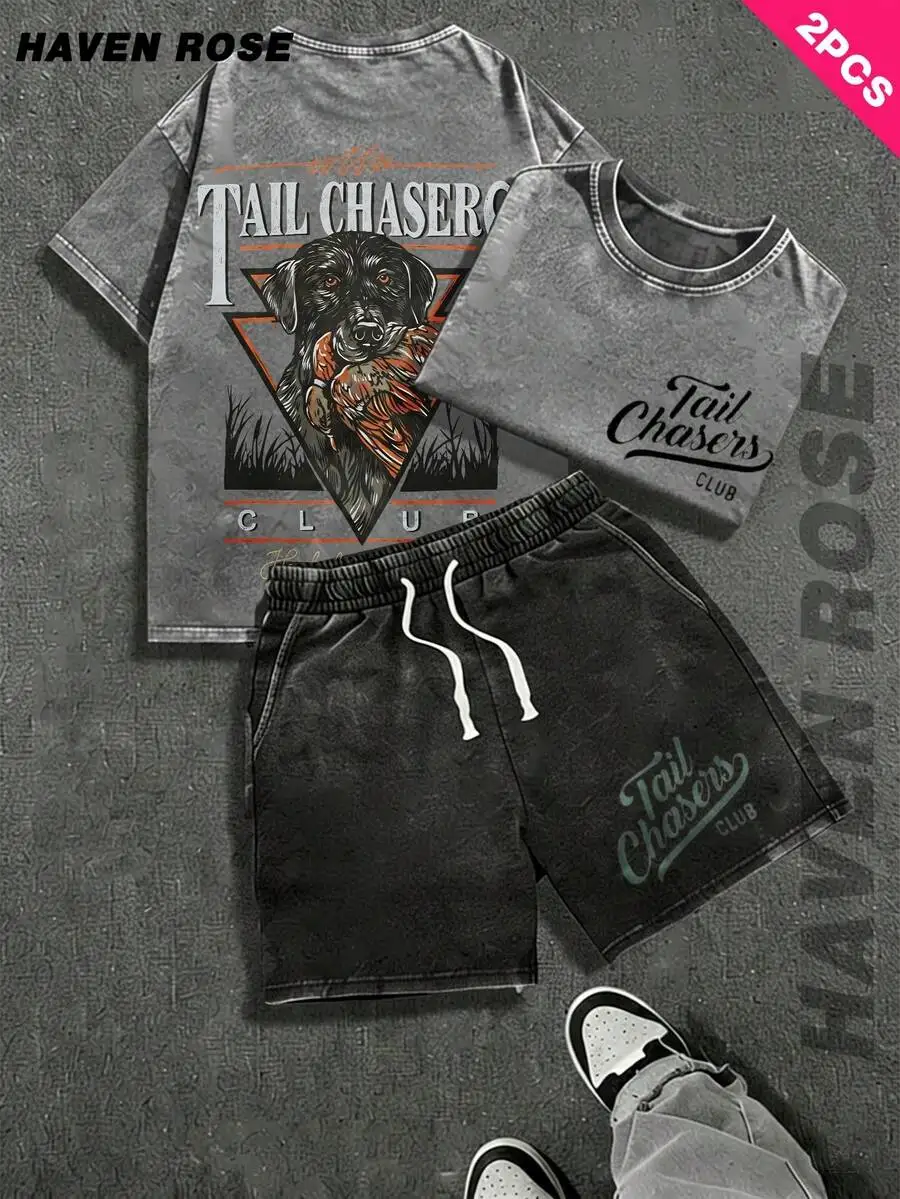 

Mens Washed Vintage Hunting Graphic T-Shirt And Shorts Set 2-Piece 100% Cotton Casual Outdoor Leisure