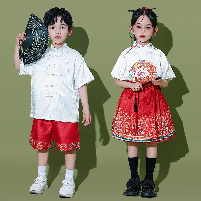 Coro infantil Hanfu Performance Roupas, Meninos e Meninas Roupas de Palco, Meninas Vestido de Cara de Cavalo, Conjunto Parent Child