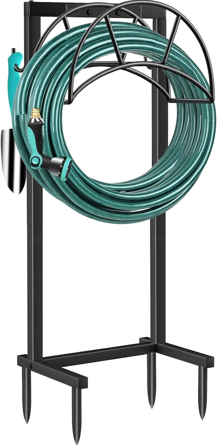 

Upgraded Garden Hose Holder with 4 Spikes and Tool Hooks, Holds 160ft Hoses for Yard Lawn Storage, Black