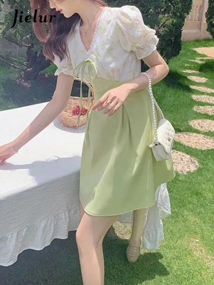 Jielur 2022 estate elegante abito floreale stampa donna dolce carino abito da sera Mini abiti stile manica a sbuffo abbigliamento da spiaggia Boho