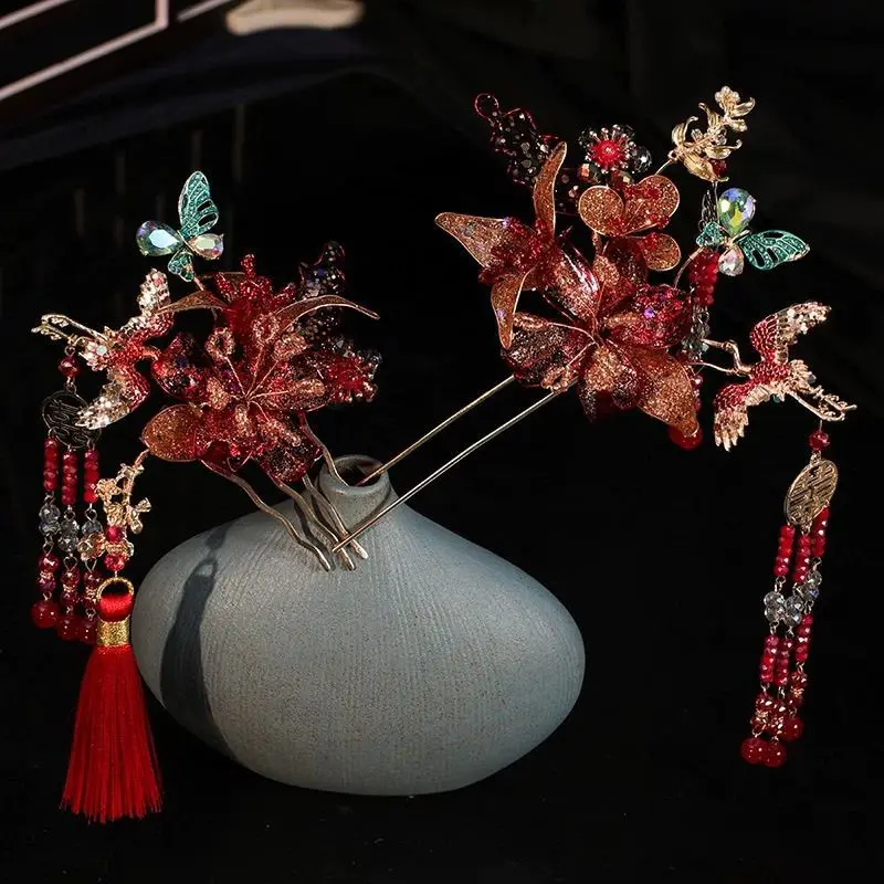 New Chinese Xiuhe Headdress Red New Style Cheongsam Simple Tassel Hairpin Xiuhe Clothing Wedding Dress Accessories