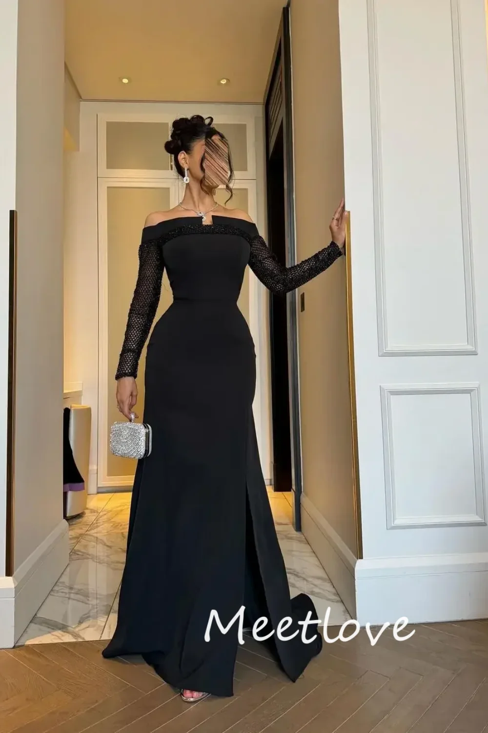 Meetlove 2024 Customized A-Line Off Shoulder Long Sleeves Side Slit Prom Dress Evening Party Dresses Formal Gowns