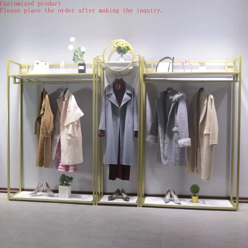 

Custom.Golden Clothing Store Display Rack Floor Standing Men and Women Clothing Store Display Shelf Double High Hanging Clothes