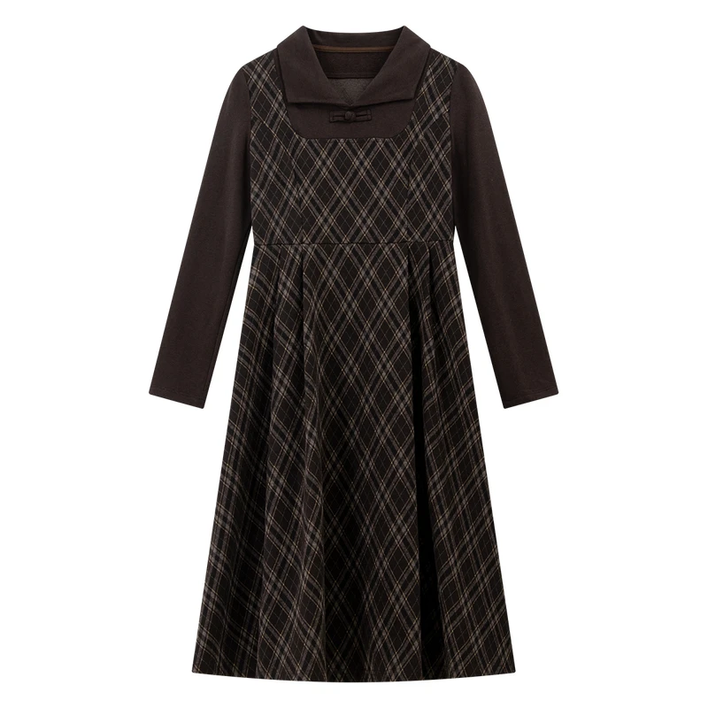 VIMLY Mock Two-Piece Women's 2025 Autumn New Chinese Style Lapel Plaid Pattern A-Line Elegant Office Lady Long Dresses A3177