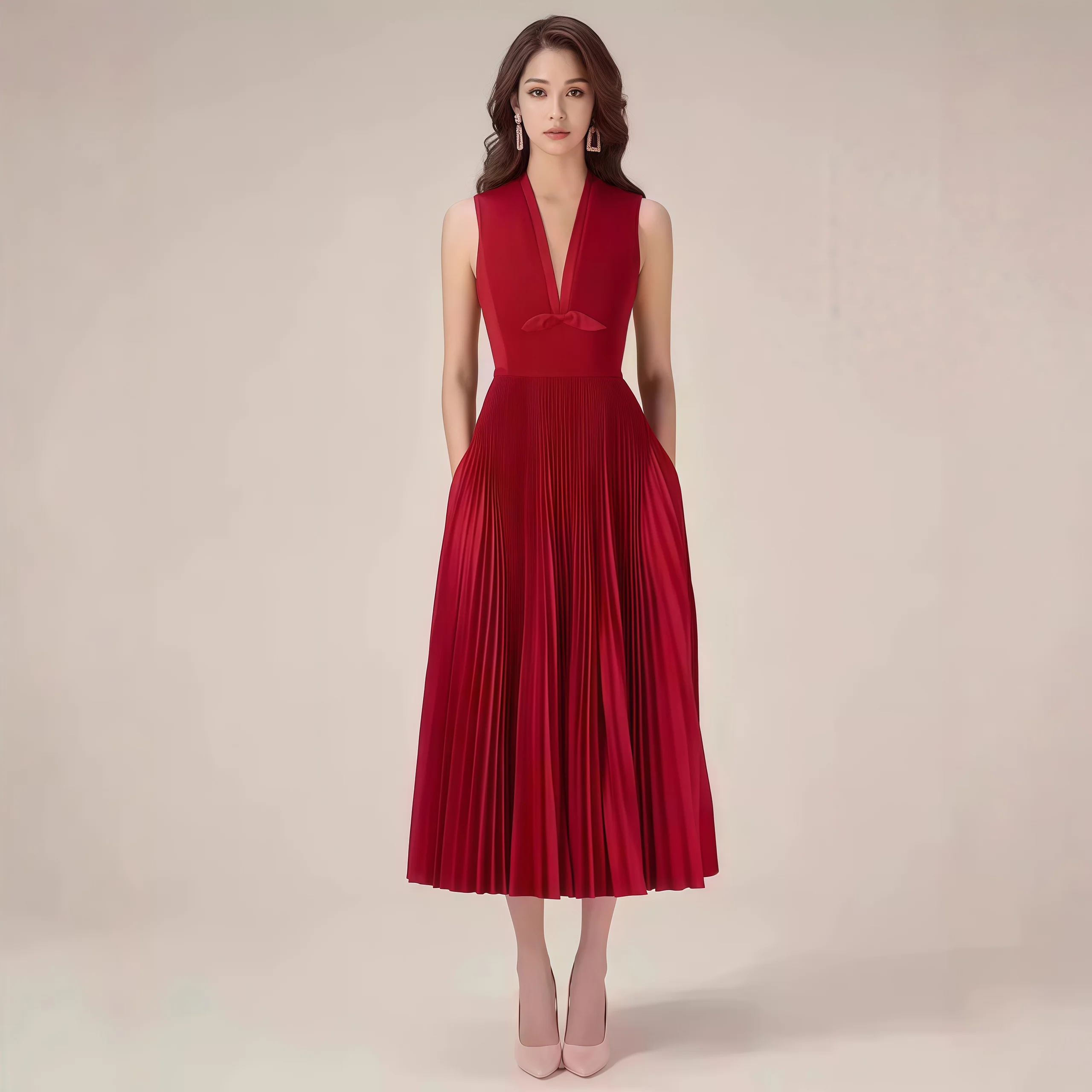 Ele High Waist Midi Satin Wrap Dr Vest Dr Pleated Skirt Commute Sle Summer Women's Faion V Ne Bal Dr