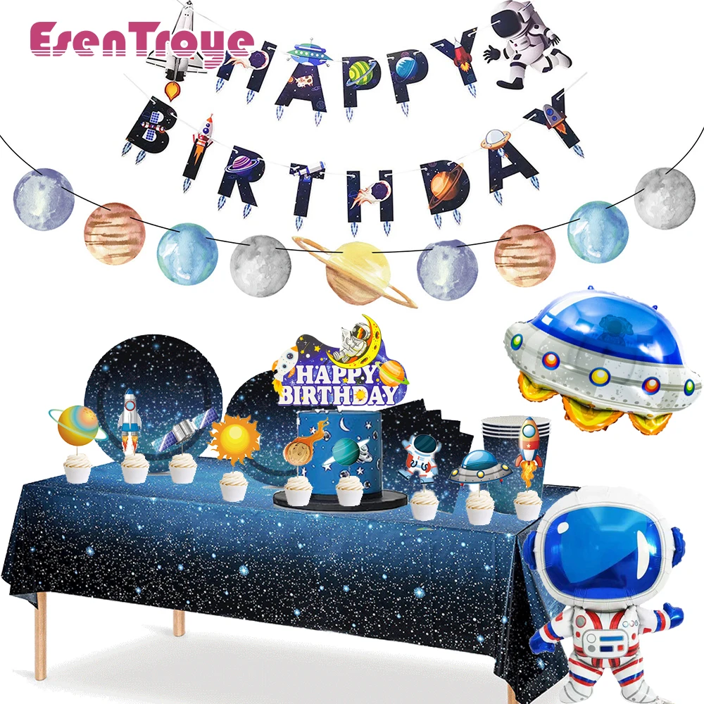 

Starry Galaxy Party Disposable Tableware Tablecloth Plates Banner Foil Planets Rocket Balloons Kids Outer Space Birthday Decors