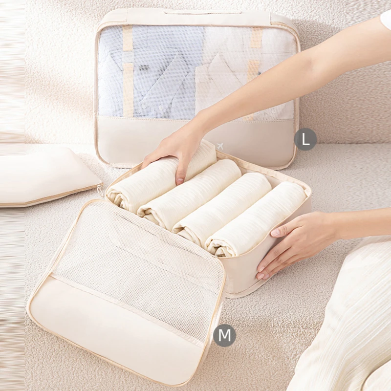 7PCS Compressed Travel Storage Organizer Set With Shoe Bag Mesh Visual Luggage Portable Packing Cubes Lightweight Suitcase Bag