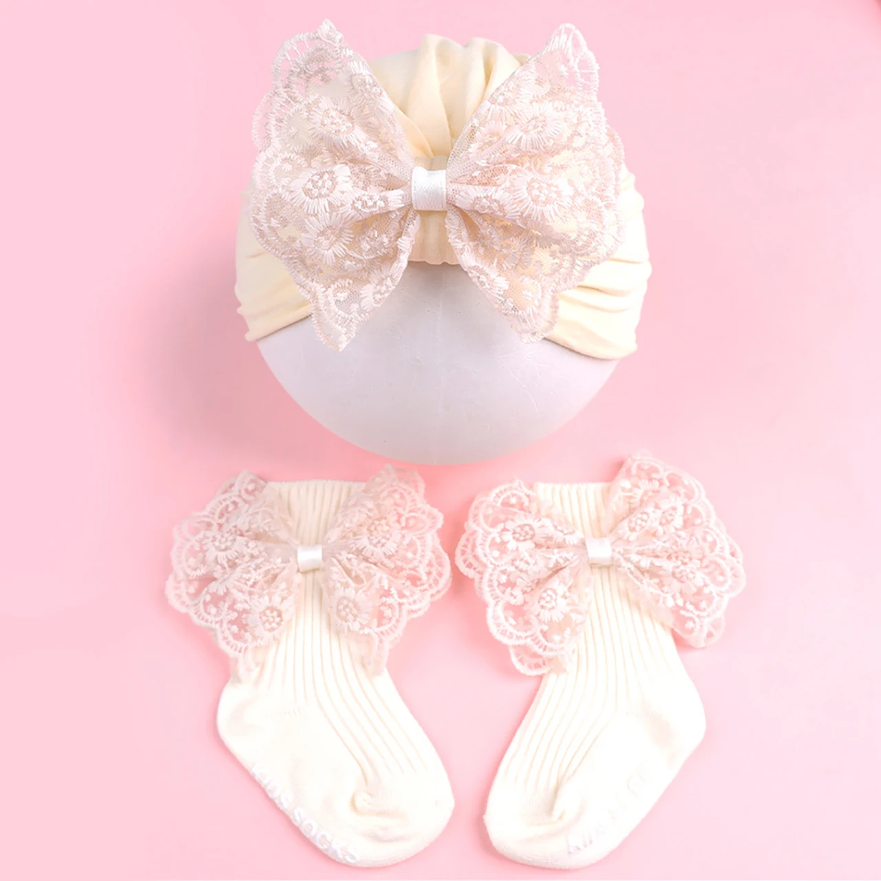 

Lace Bow Turban Cap Baby Socks Set 0-2Year Newborn Photography Props Headwear Cotton Non Slip Floor Sock Kids Turban Headscarf