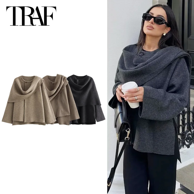 TRAF 2024 Woman Scarf Knit Cardigan Women's Sweater Crop Long Sleeve Top New Knitwear Oversized Cardigan Loose Cozy Outerwears