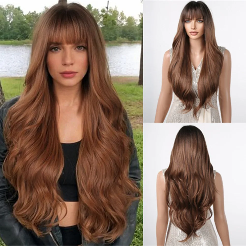 Ombre Honey Brown Synthetic Hair Wigs Long Natural Body Wavy Wig with Bangs Realistic Daily Party Soft Wig Heat Resistant Fiber