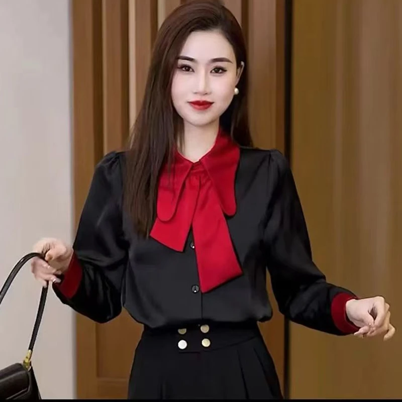 Women Satin Blouse Contrast Red Bow Collar Long Sleeve Puff Sleeve Button Down Shirt Elegant Office Work Ladies Blusa