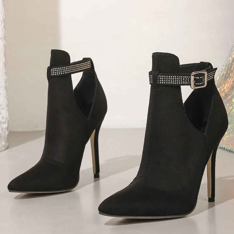 

Women's Pointed Toe Suede Cut Out Side Rhinestone Ankle Buckle Stiletto Heel Ankle Boots Elegant Party Evening Footwear Drop