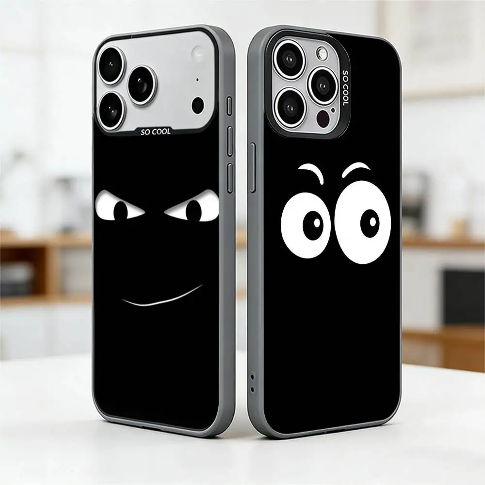 

Minimalist Black Cartoon Face Phone Case For iPhone 17,16,15,14,13,12,11 Plus,Pro Max,XS,Colored Silver Plated Inside Cover