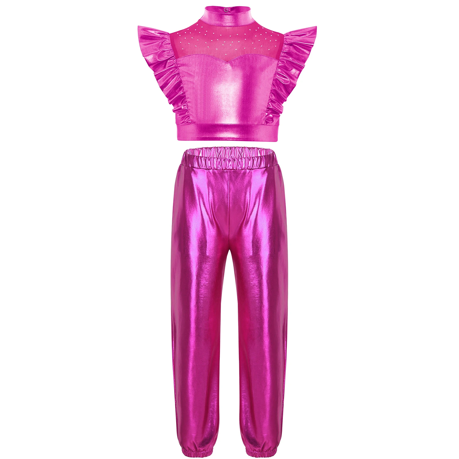 

Kids Girls Jazz Dance Outfit Rhinestone Mesh Sleeveless Metallic Ruffle Crop Top with Shiny Pants for Jazz Hip Hop Dance Show