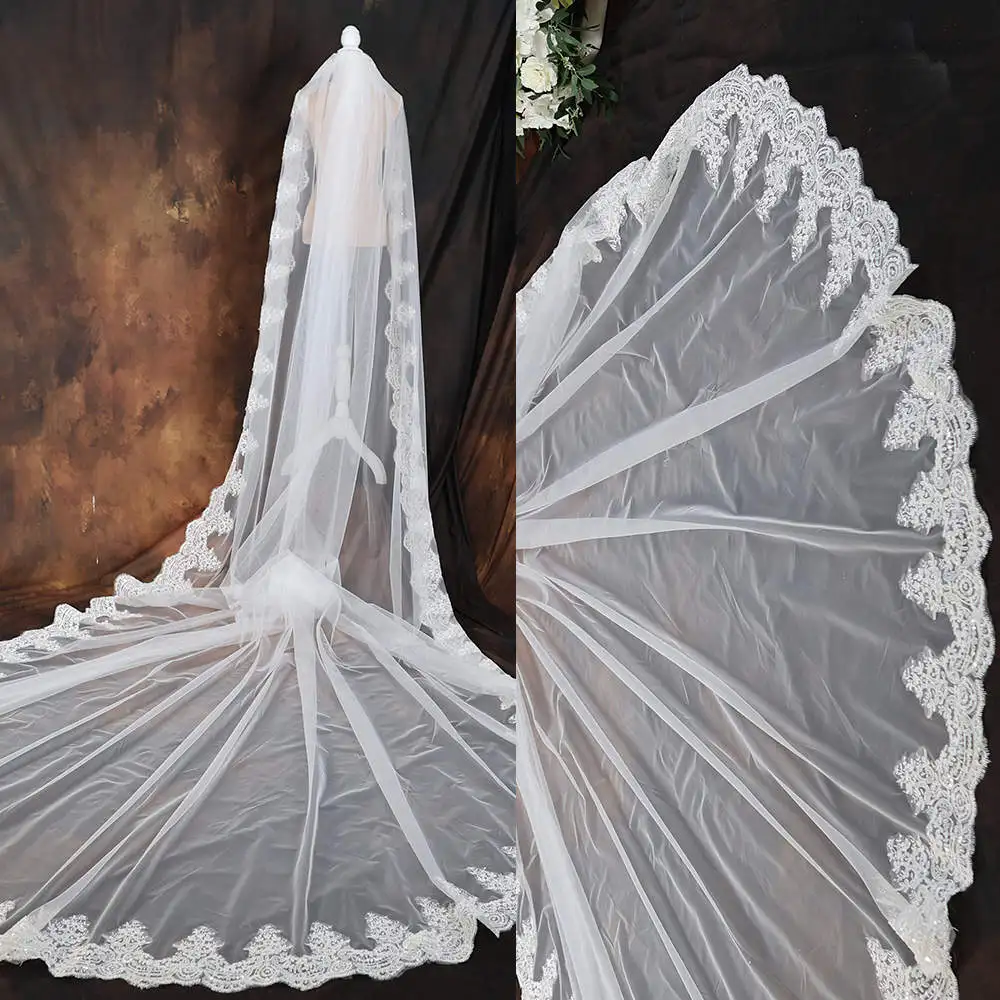 Exquisite Wedding Veil One Layer Long Cathedral Length Veils Bling Sequins Applique Edge Velo De Cabeza For Bride Voile