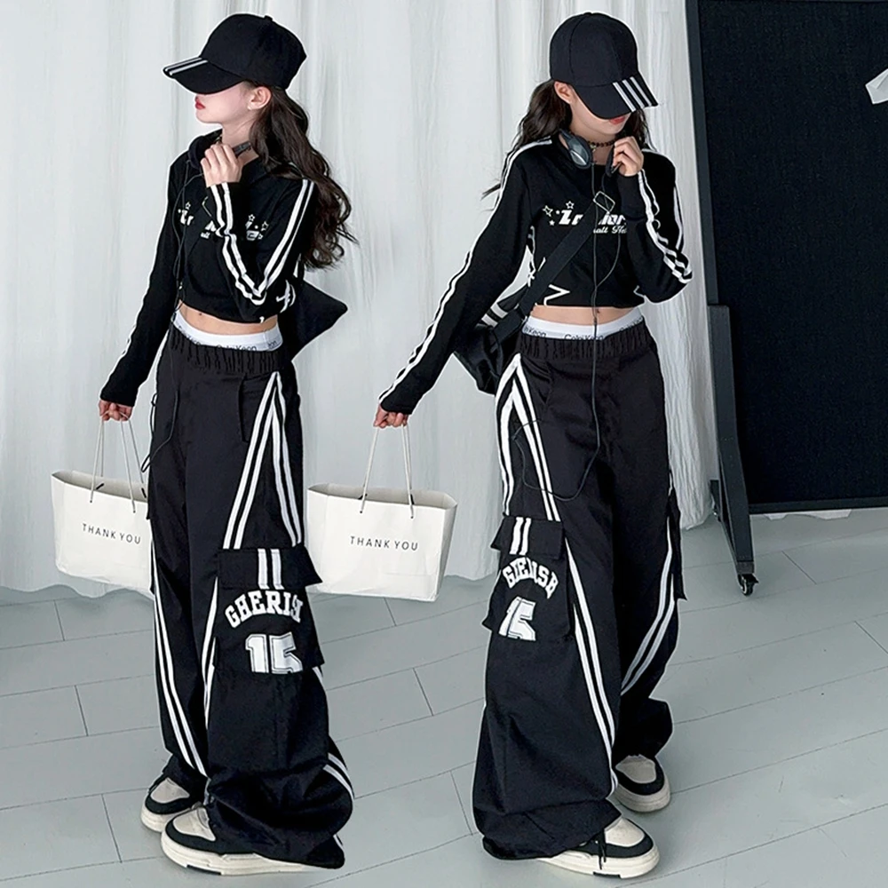 

Комплект уличной спортивной одежды для девочек-подростков, детская осенняя модная футболка для младших детей, широкие брюки, комплект из 2 предметов, детские брюки-карго, костюм