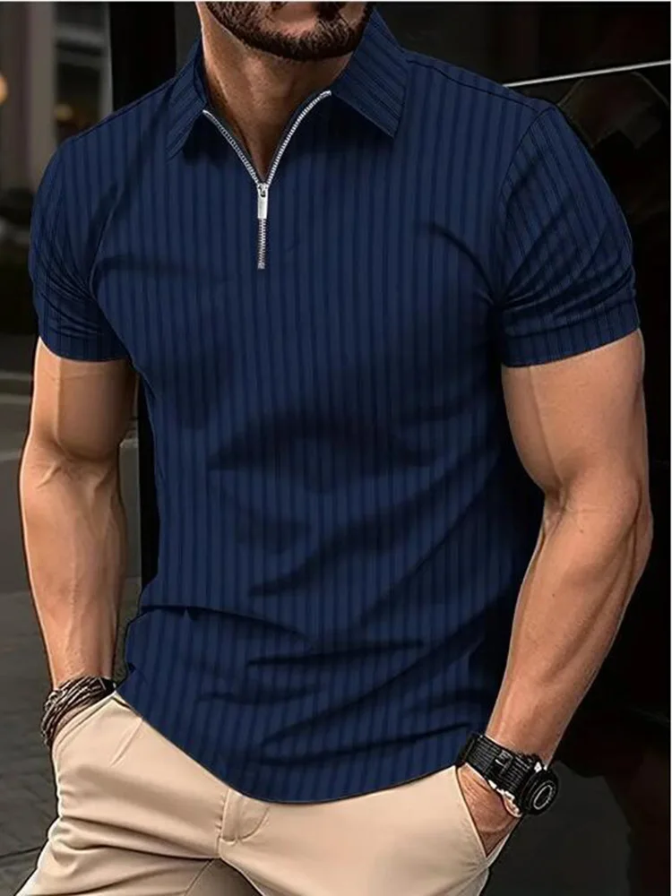 Summer Men Stripe Fashion Short Sleeve Lightweight Business Casual Polo Shirt Half Zip Solid Elastic Office Short Sleeve T-shirt image 3