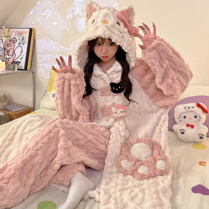 

Cute Kitten Student Nightgown Ladies' Winter New Thick Warm Sleepwear 2Pcs Cartoon Long Nightgown Outerwear Sweet Home Wear Sets