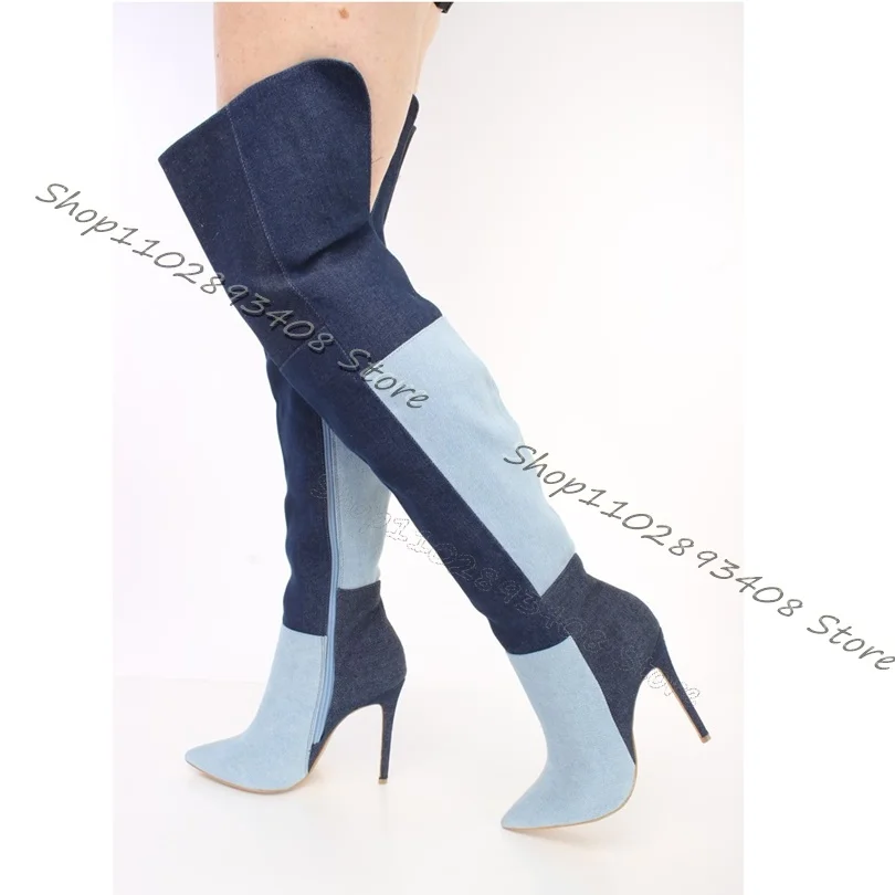 Bicolor Splicing Stiletto Knee Boots Pointed Toe Side Zipper Sexy Shoes Design for Women Big Size Boots 2023 Zapatos Para Mujere