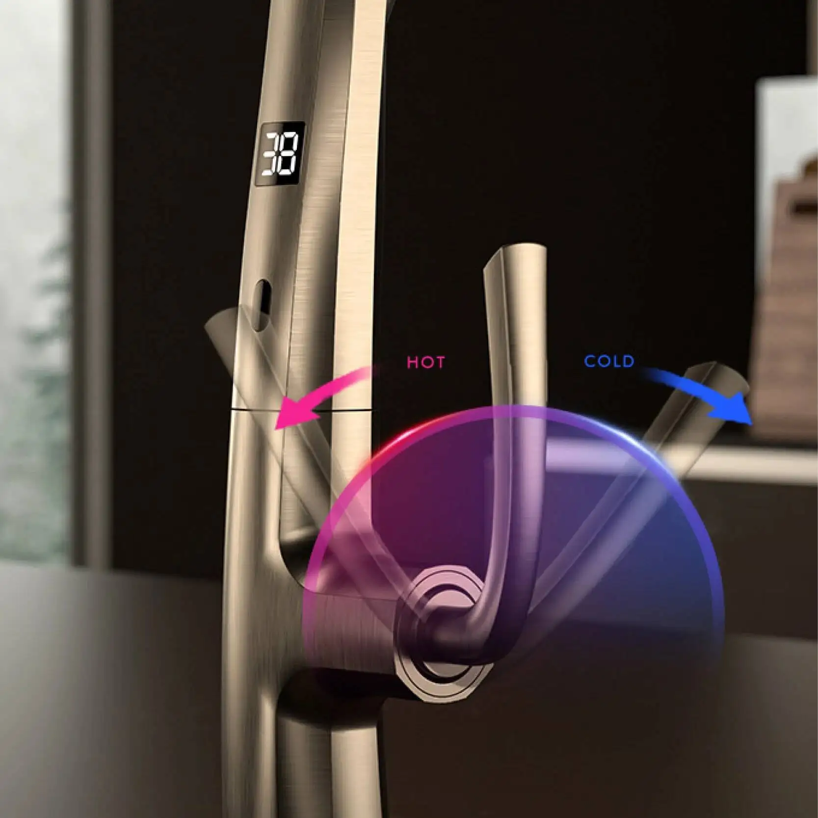 Pistola de latão luxuosa cinza torneira da cozinha display digital indução inteligente sucção magnética pull-out design torneira da pia fria e quente