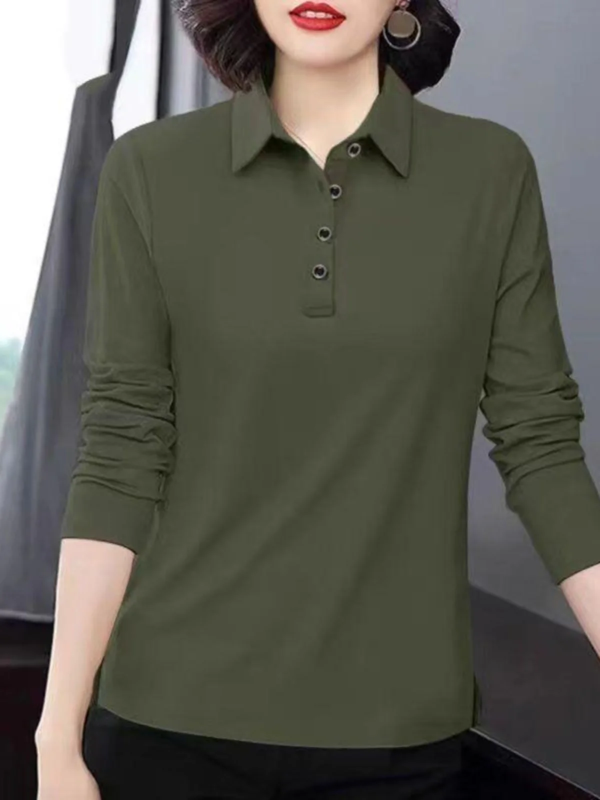 긴팔 폴로 셔츠 여성용 봄 가을 티셔츠 신상 2025 여성 패션 안티에이징 칼라 셔츠