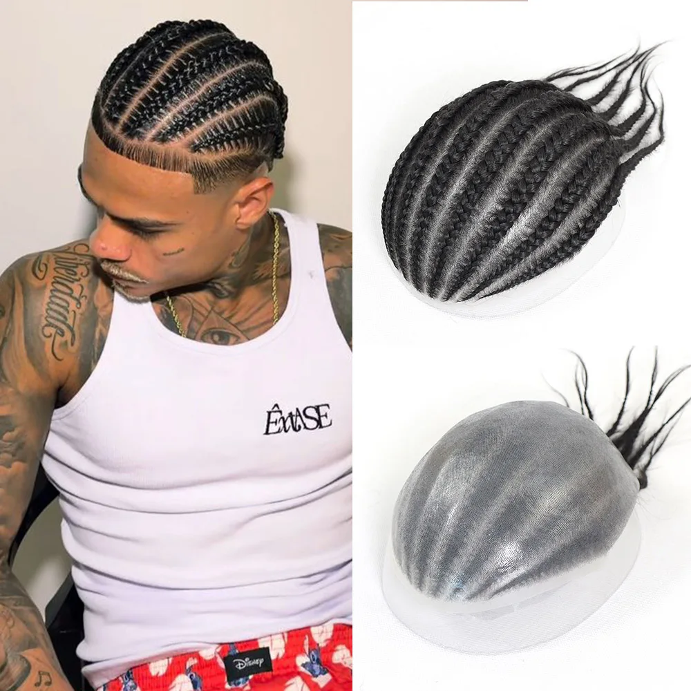 Prótesis Capilar Masculina de Trenzas Cornrow, 100% Cabello Humano, Base de PU Completa, Sistema de Piel Fina, 8x10 pulgadas