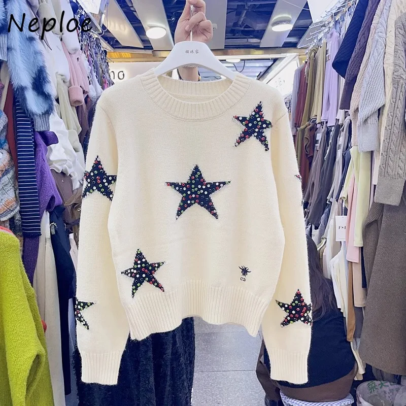 Neploe Heavy Star Colour Diamond Sweaters Mujer 2024 Autumn New O-neck Straight Pullovers Y2k Long Sleeve Tops Women