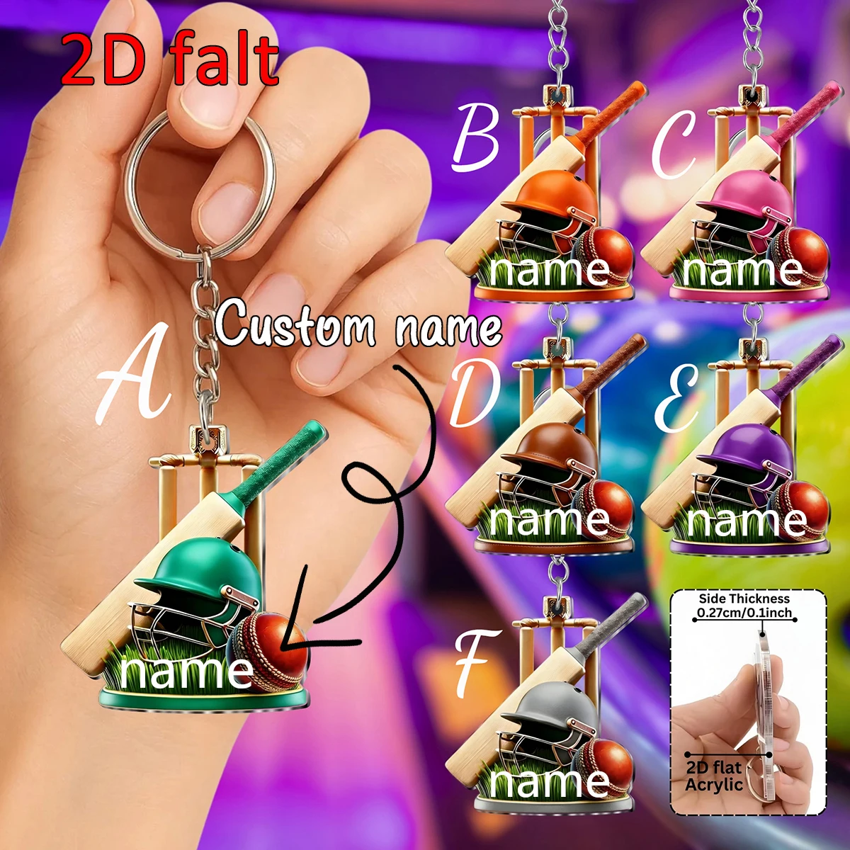 Custom Name 2D Flat Acrylic Cricket Bat Keychain, 1pc/6pcs Available, Ideal Gift for Young Cricket Fans & Players