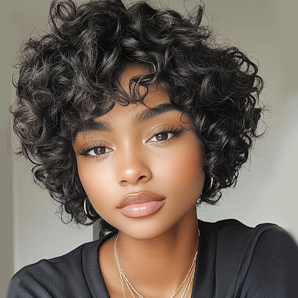 

Women'S Brazilian Human Hair Short Curly Wave Bob Pixie Cut Bouncy Wig with Bangs Machine-Made Elegant Hairstyle for Daily Wear