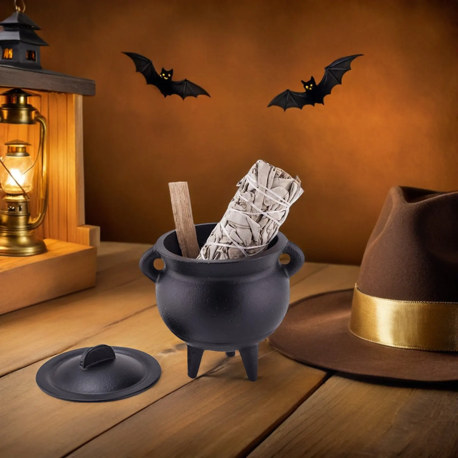 Small Cast Iron Incense Burner Cauldron Black with Lid Heat Resistant Sage Smudge Holder Resin Burner Fireproof Halloween Witch