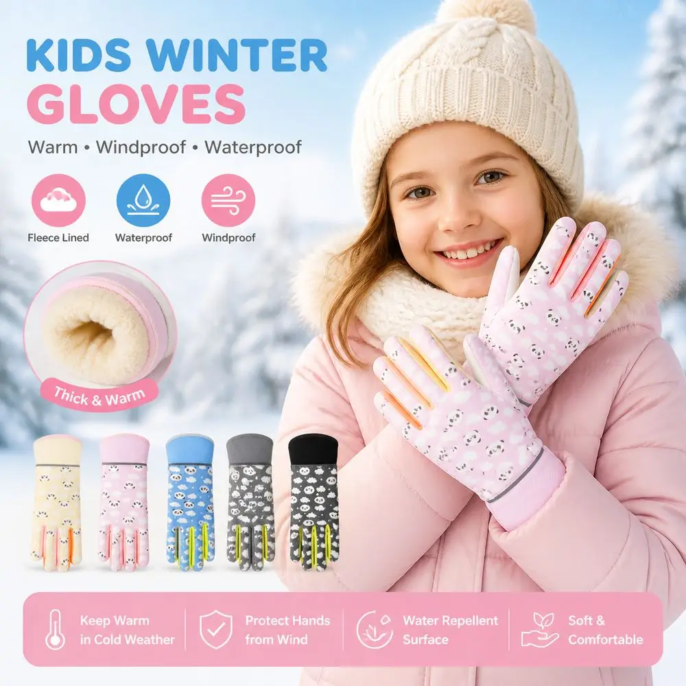New Panda Print Kids Winter Gloves Windproof Waterproof Children Gloves Elastic Wrist Warm Cycling Gloves for Boys and Girls
