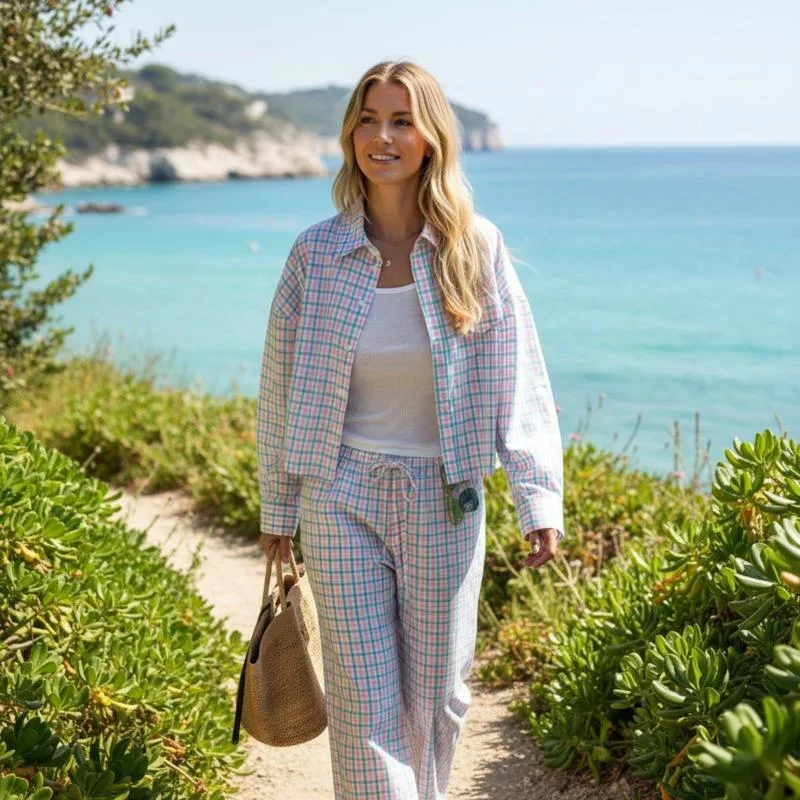 Chic Women's Plaid Shirt Suit Set Turn-Down Collar Long Sleeve Top Loose Pants Two Piece Outfit for Casual Daily Vacation Wear