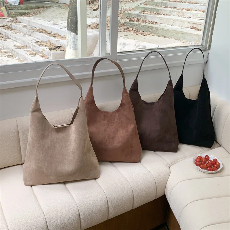 

Casual Faux Suede Large Capacity Tote Bag Vintage Maillard Women Shoulder Bags Autumn and Winter Simple Big Shopper Purses 2024