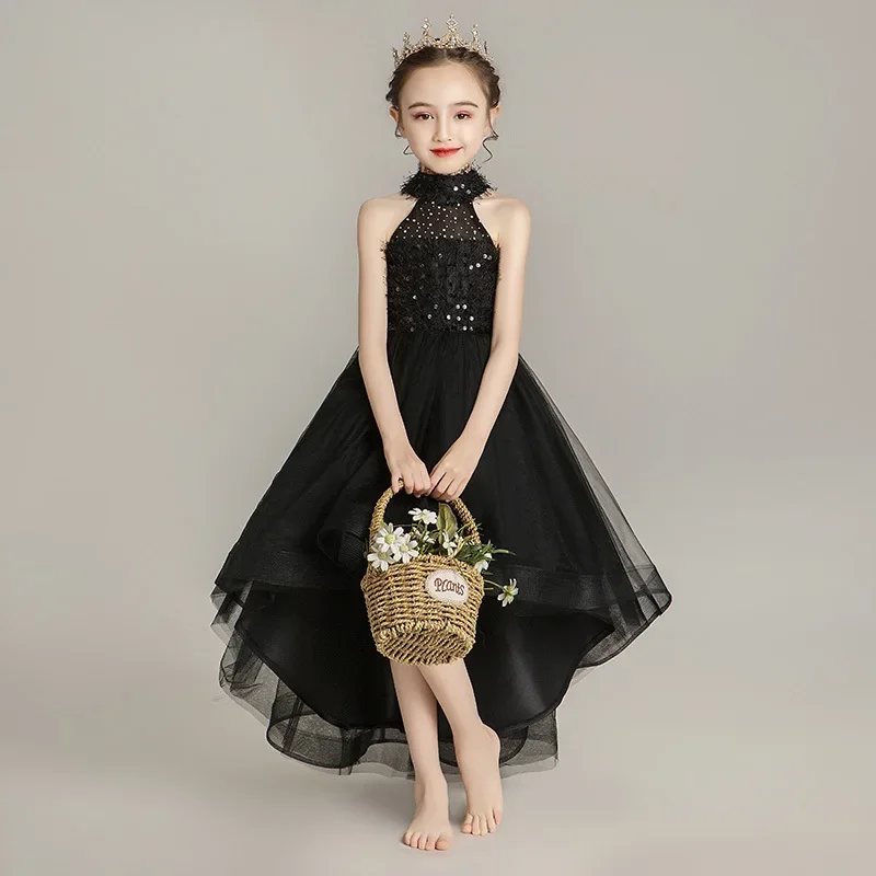 Girls Dress Trailing Black Sleeveless Costume Wedding Party Children Clothes Elegant Pageant Party Princess Dresses 8 12 14 Year