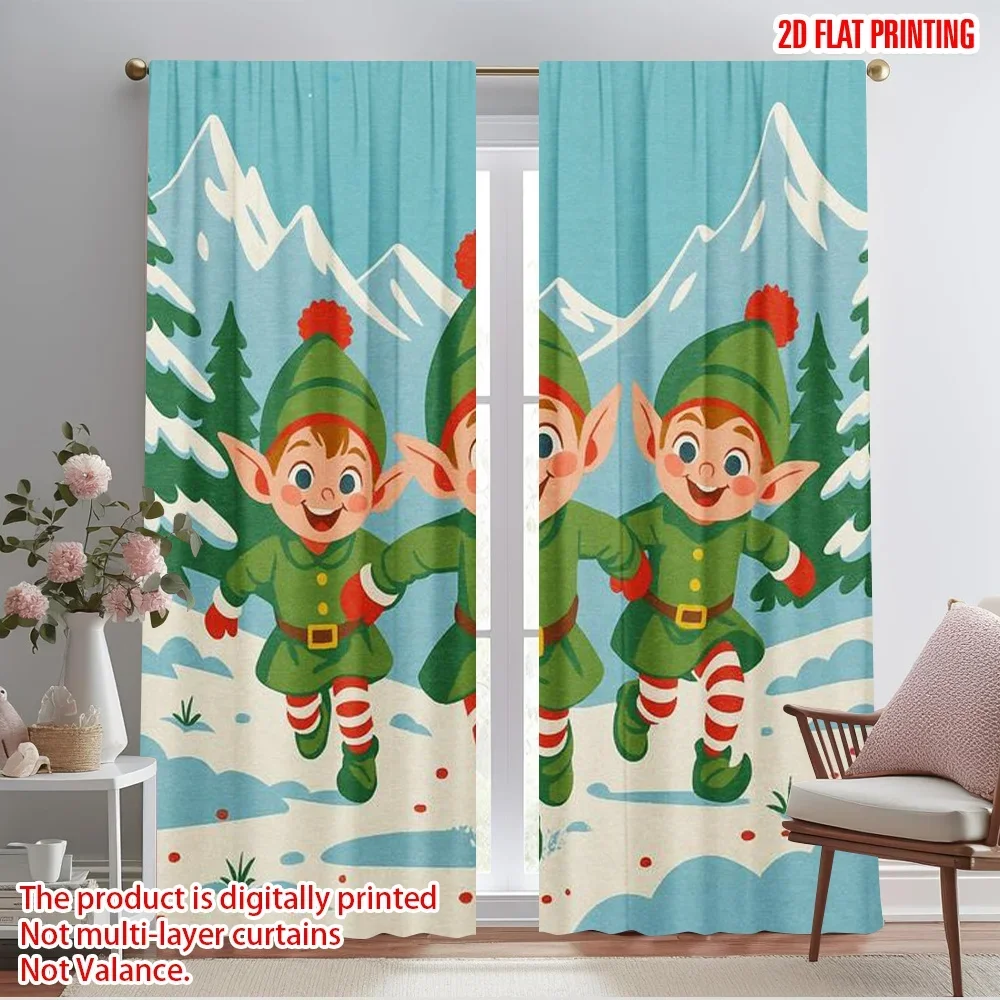 2pcs,2D plane printing Curtains&Window Treatment Elf Snow Run Versatile 100% Polyester (without rod) Outdoor Decorations Use for