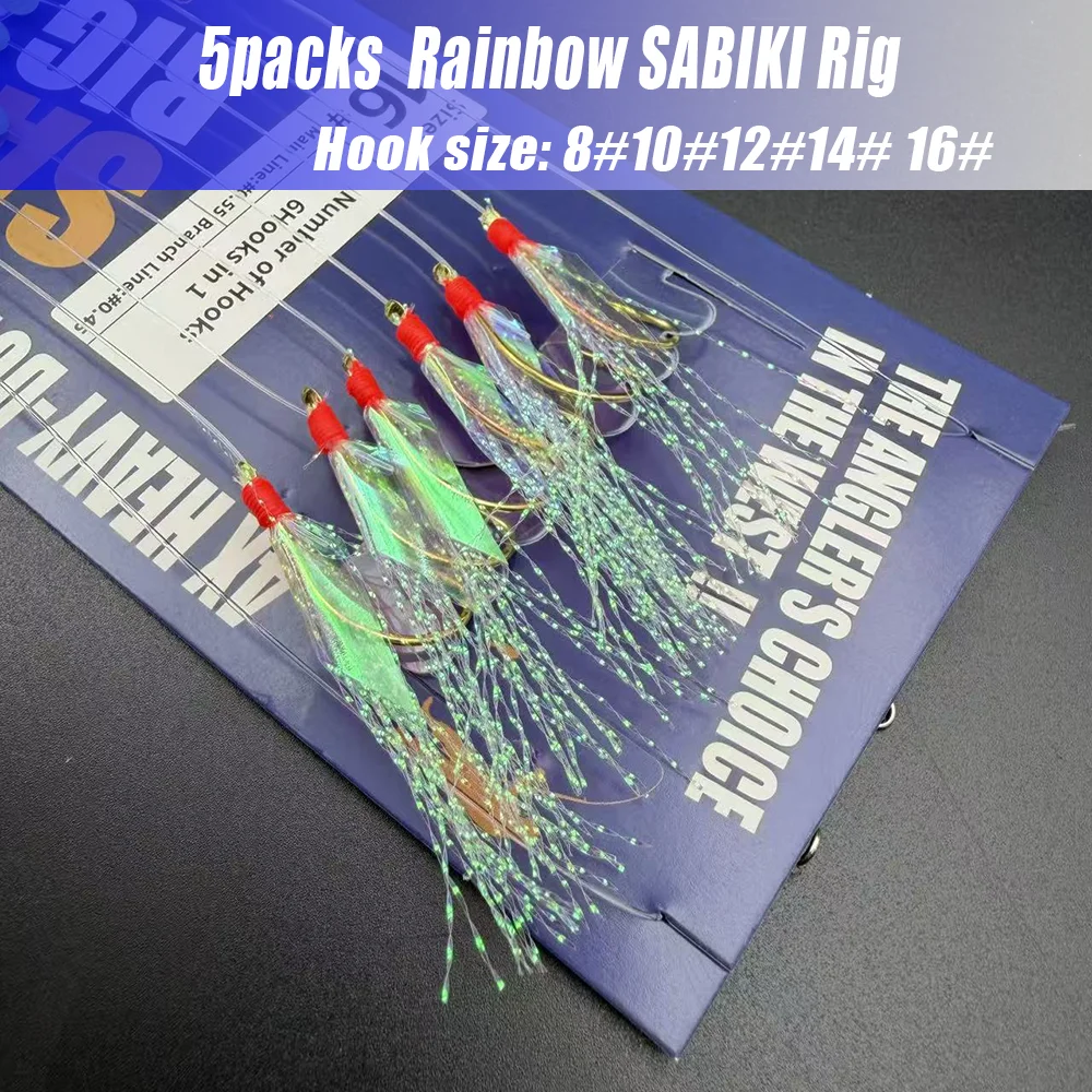 5 Packungen Regenbogen-Sabiki-Rig, HC-Stahlhaken + Leuchtperlen + Flash, Salz-/Süßwasser, für Makrele/Sardinen/Barsch/Thunfisch, Angelzubehör – Detail 4
