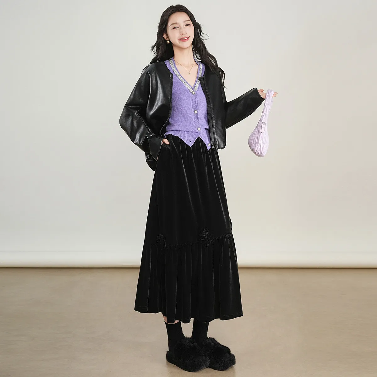 Louisyao moda veludo meia saia longa feminina 2025 outono/inverno flor cintura elástica design original retro saia