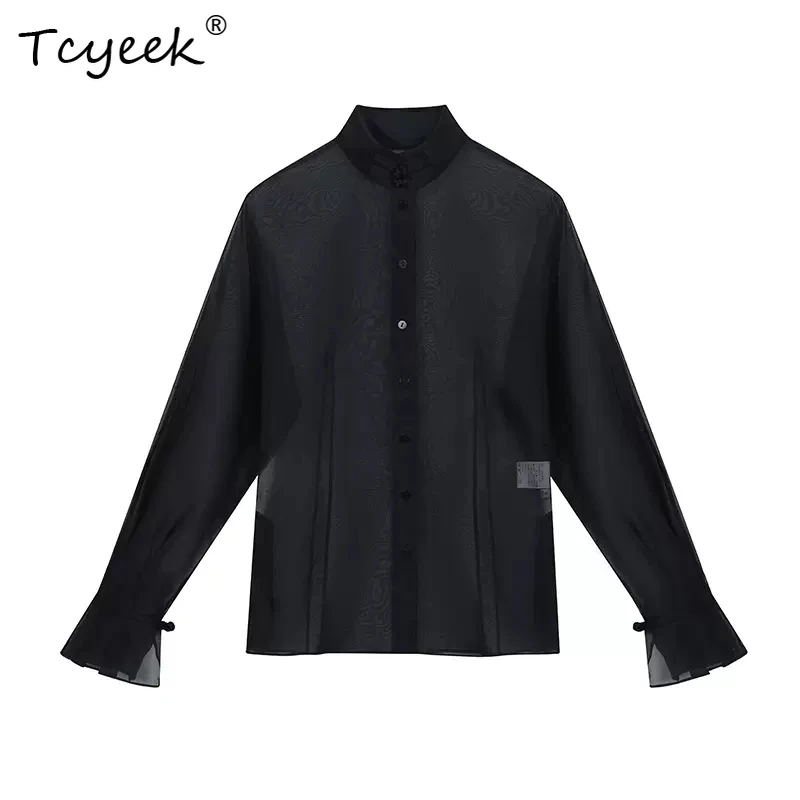 

Tcyeek, 100%Real Silk Elegant Organza Shirt, Women Stand Neck Long Sleeves, Loose Sexy Chinese Blouses, 2024 Summer T46229QM