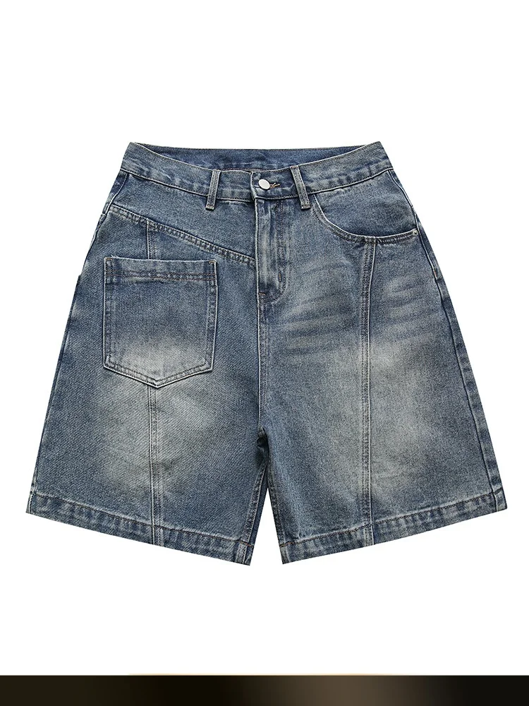 

American Retro Patchwork Casual Denim orts Summer New Loose Wide Leg Casual Five-Point Pants Youth Trendy Cotton Blend