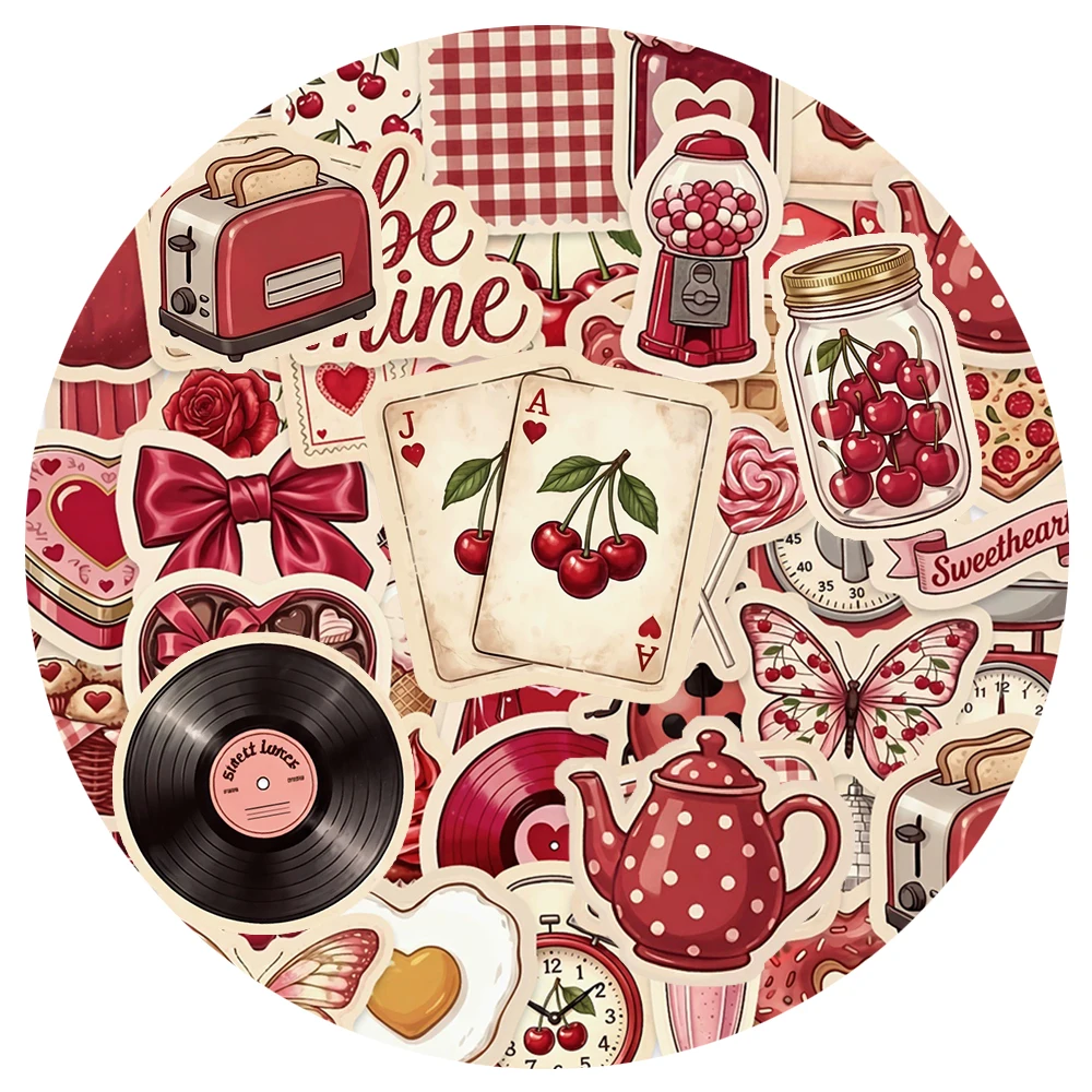 

10/30/50pcs Vintage Red Aesthetic Food Stickers Cherry Cartoon Decals Waterproof DIY Phone Laptop Fridge Diary Retro Art Sticker